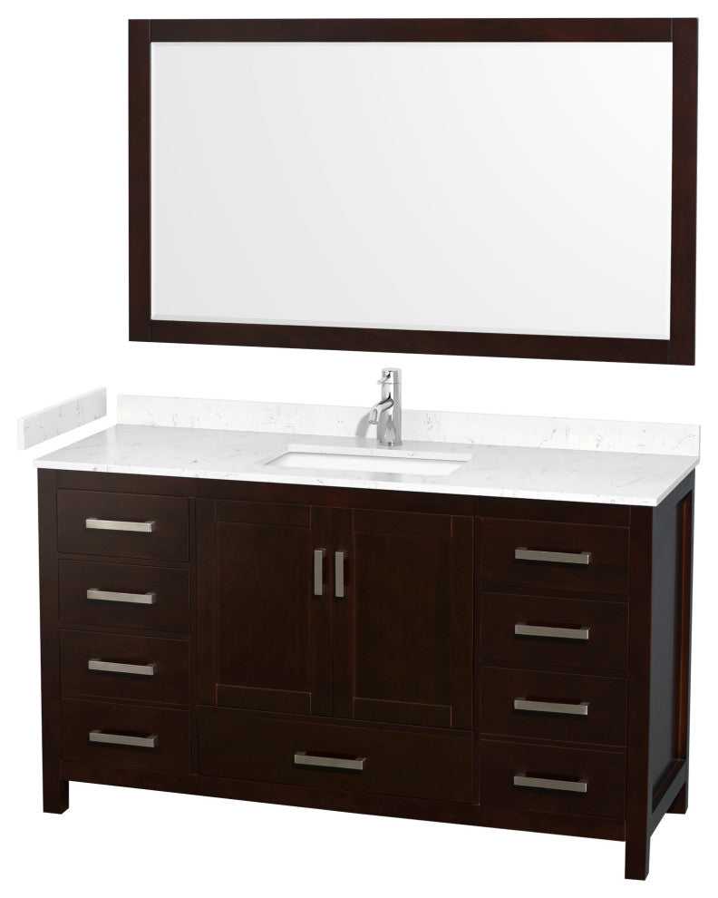 60"SGL Bathroom Vanity Espresso, Carrara Cult.Marble Countertop, Sink, 58"Mirror