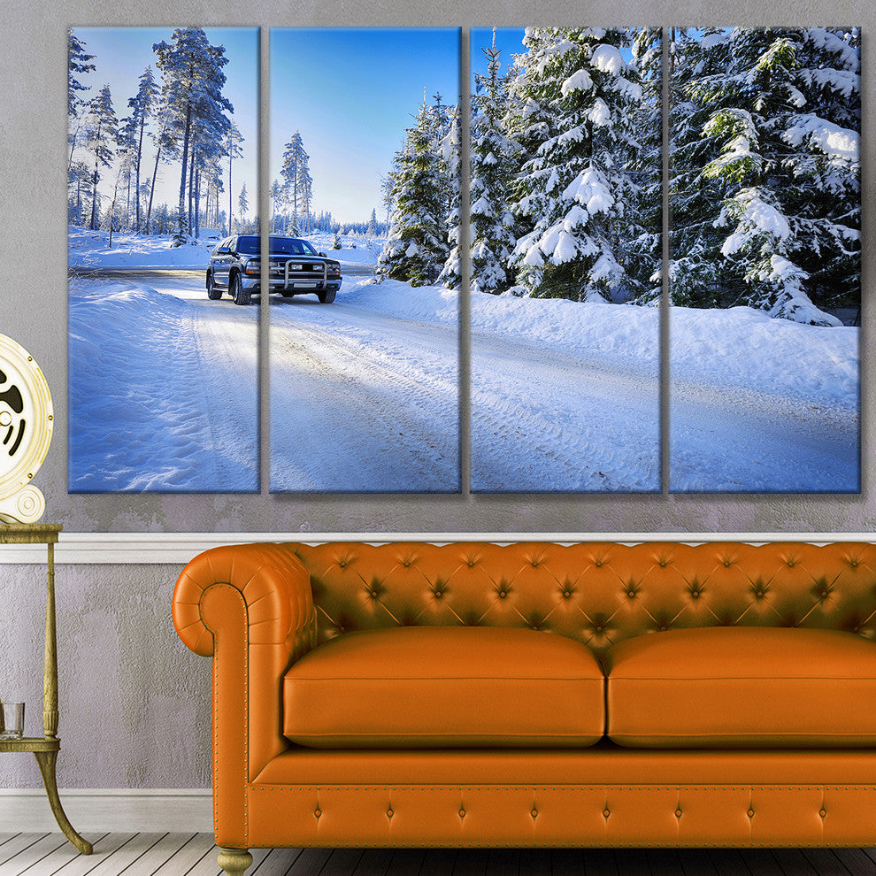 SUV Car Though Snowy Winter, Landscape Canvas Art Print, 48"x28", 4 Panels