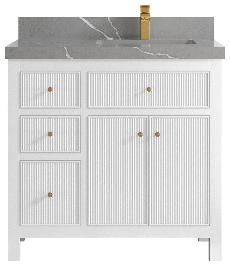 Sonoma 36 Right Offset Reeded Bath Vanity in White 2" Piatra Gray