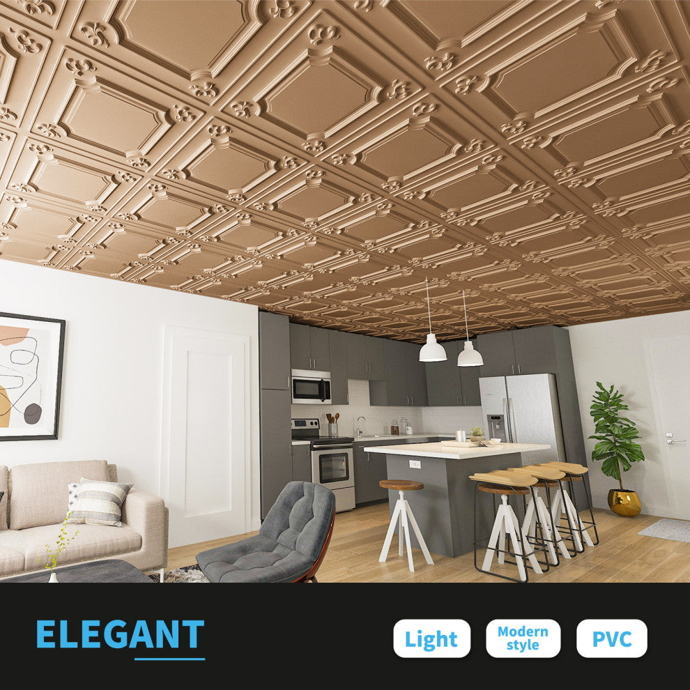 Drop Ceiling Tiles 24x24inch (12-Pack, 48 Sq.ft), Wainscoting Panels Glue Up 2x2, Bronze