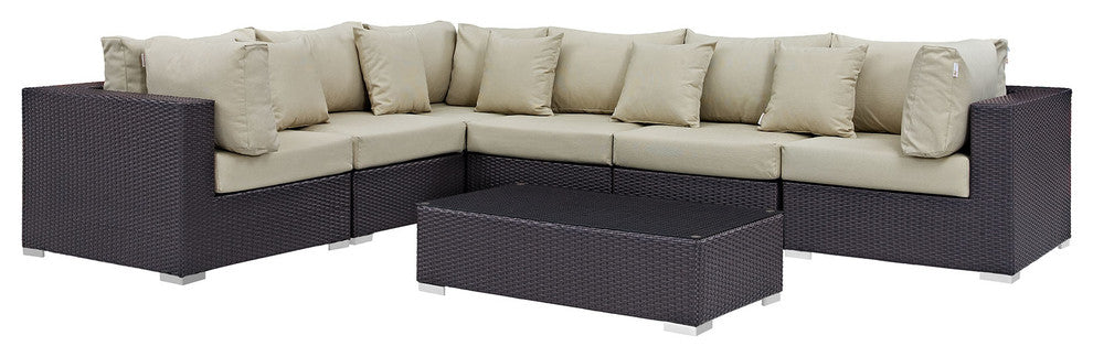 Modway Convene 7 Piece Outdoor Patio Sectional Set, Espresso Beige