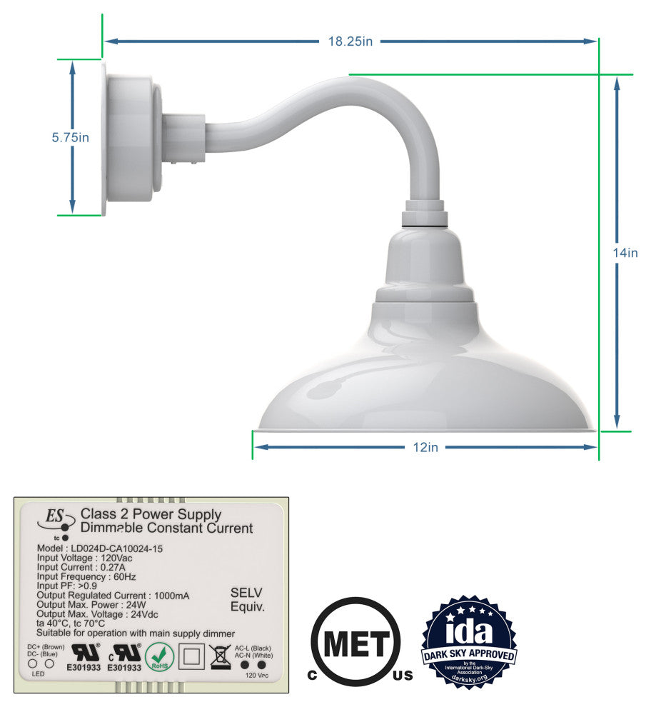 12in.  White Gooseneck Barn Light with Chic Arm