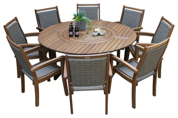 9-Piece Eucalyptus Round Lazy Susan Dining set With 8 Stacking Wicker Armchairs