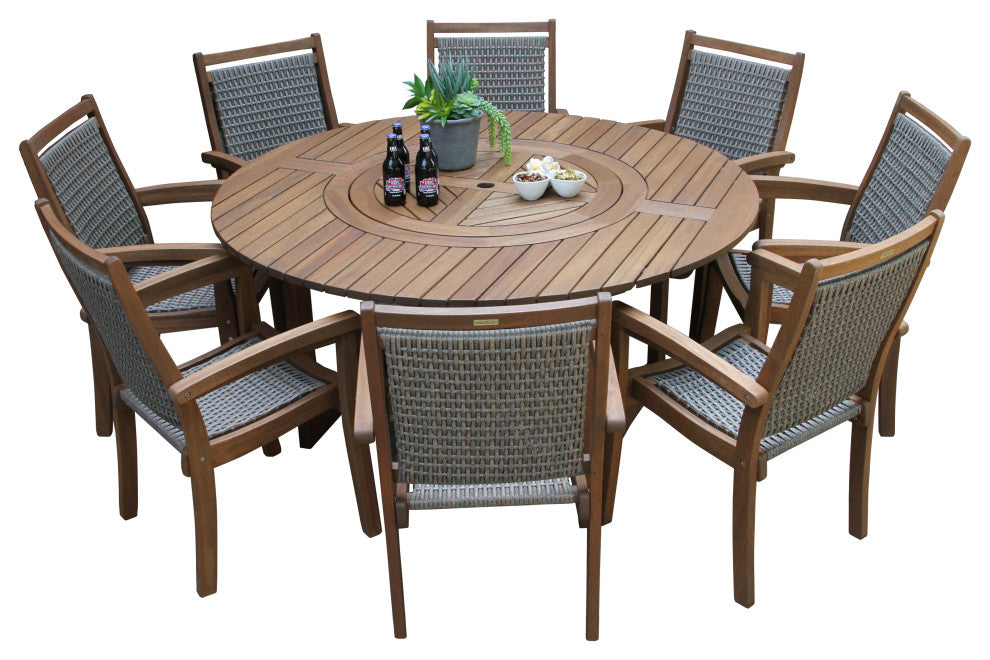 9-Piece Eucalyptus Round Lazy Susan Dining set With 8 Stacking Wicker Armchairs