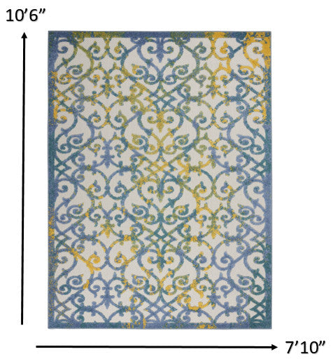 8' X 11' Ivory And Blue Floral Indoor Outdoor Area Rug