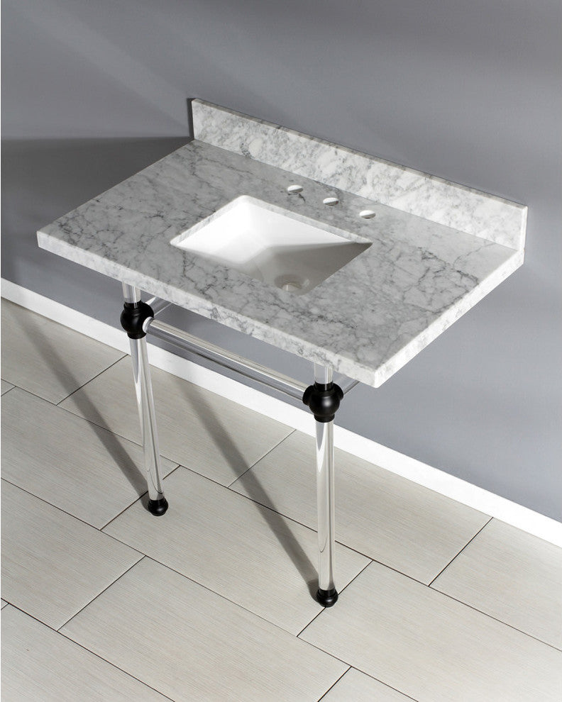 36X22 Marble Vanity Top w/Clear Acrylic Console Legs, Carrara Marble/Matte Black