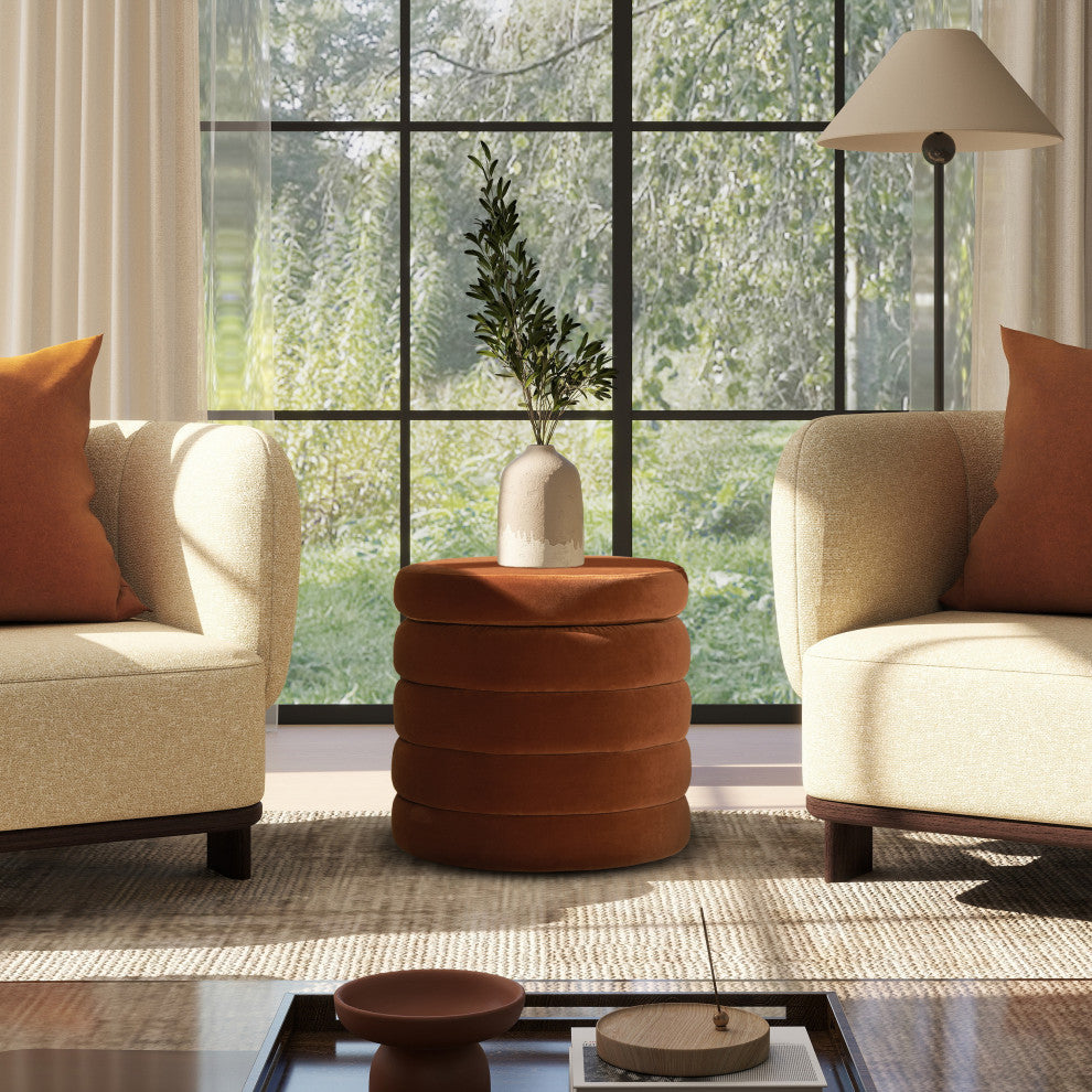 Fuji 19" Oversized Horizontal Tufted Round Storage Ottoman, Burnt Orange Velvet