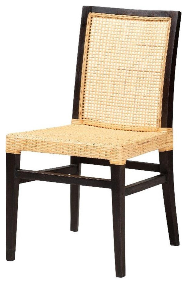 Lingga Modern Bohemian Dark Brown Mahogany Wood and Natural Rattan Dining Chair