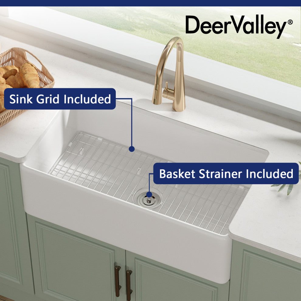 Grove 33"L x 18"W Farmhouse Sink Fireclay White Kitchen Sink