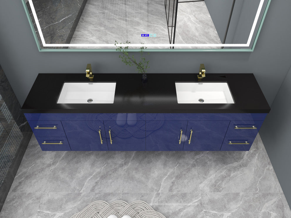 Rosa 84" Wall Mounted Modern Vanity, High Gloss Night Blue, Matt Black Top