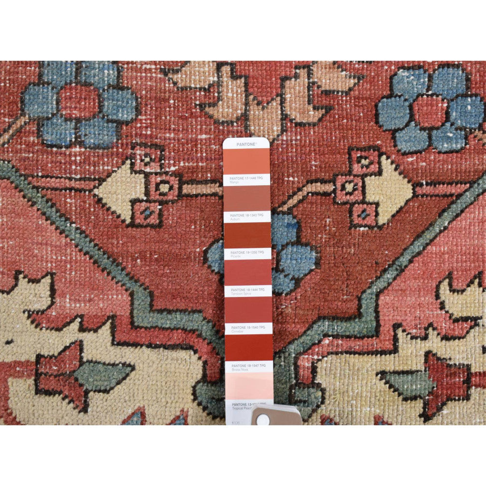 Blush Red Antique Persian Serapi Heriz Hand Knotted Pure Wool Rug, 12'3"x18'6"