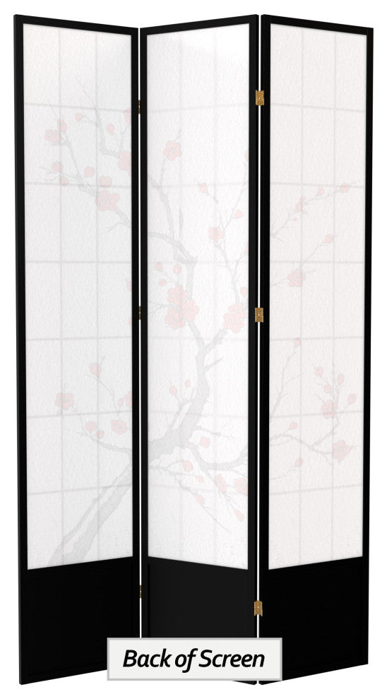 7' Tall Cherry Blossom Shoji Screen, Black, 3 Panels