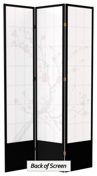 7' Tall Cherry Blossom Shoji Screen, Black, 3 Panels
