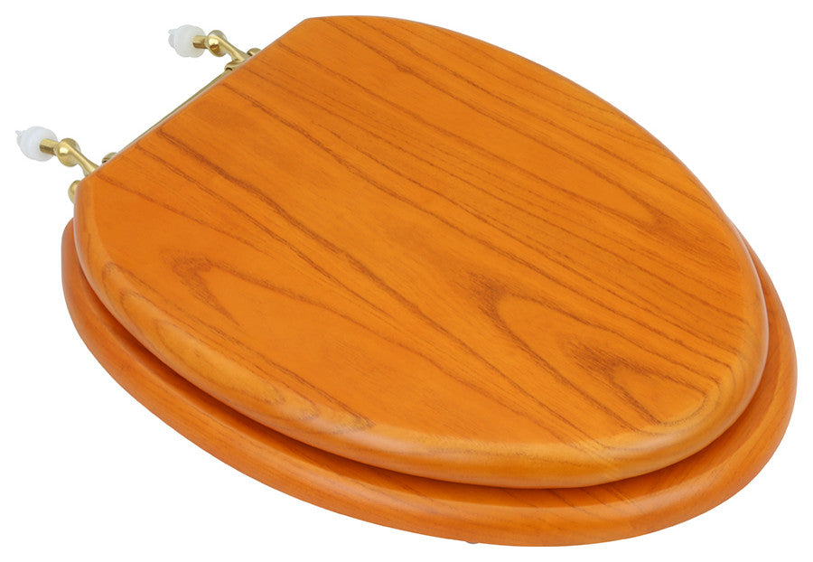 Wooden Elongated Toilet Seat Golden Oak Finish with Brass PVD Hinges Renovators