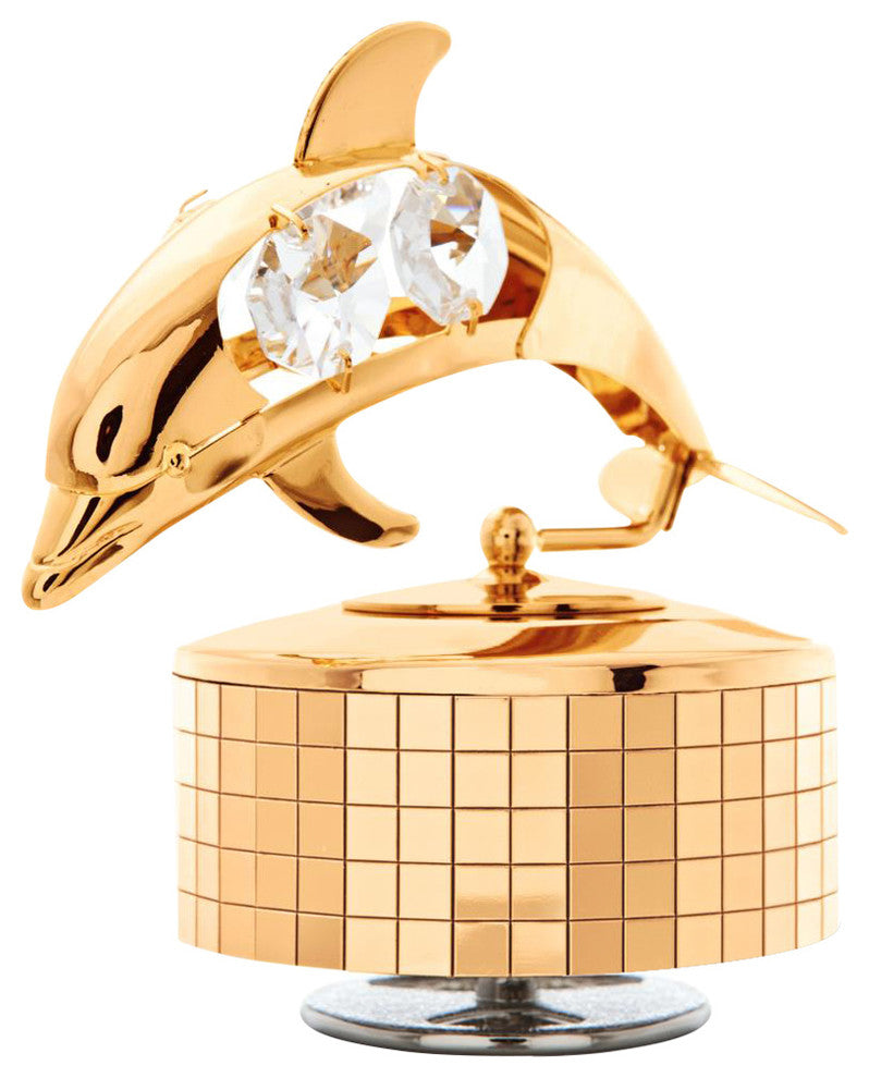 24K Gold Plated Music Box With Crystal Studded Dolphin Figurine