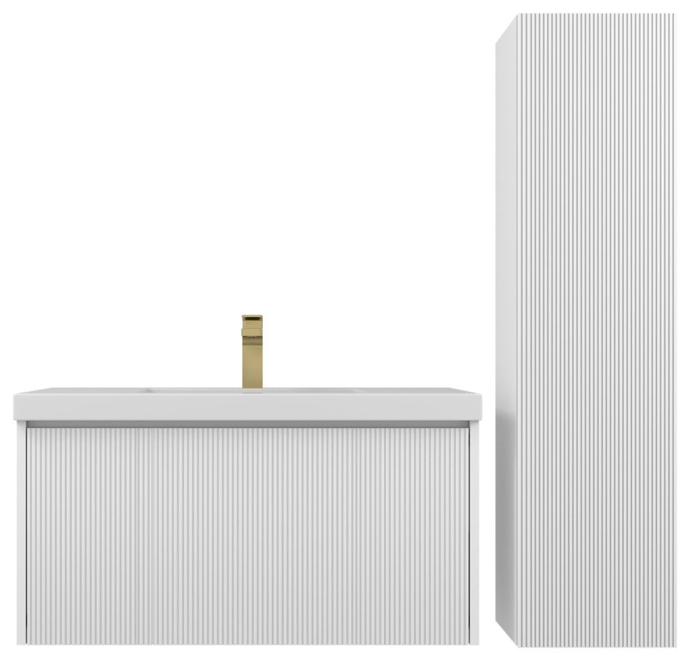 Floating Bathroom Vanity with Sink, Wall Mounted Vanity, White, 36" W/ Sink, Side Cabinet