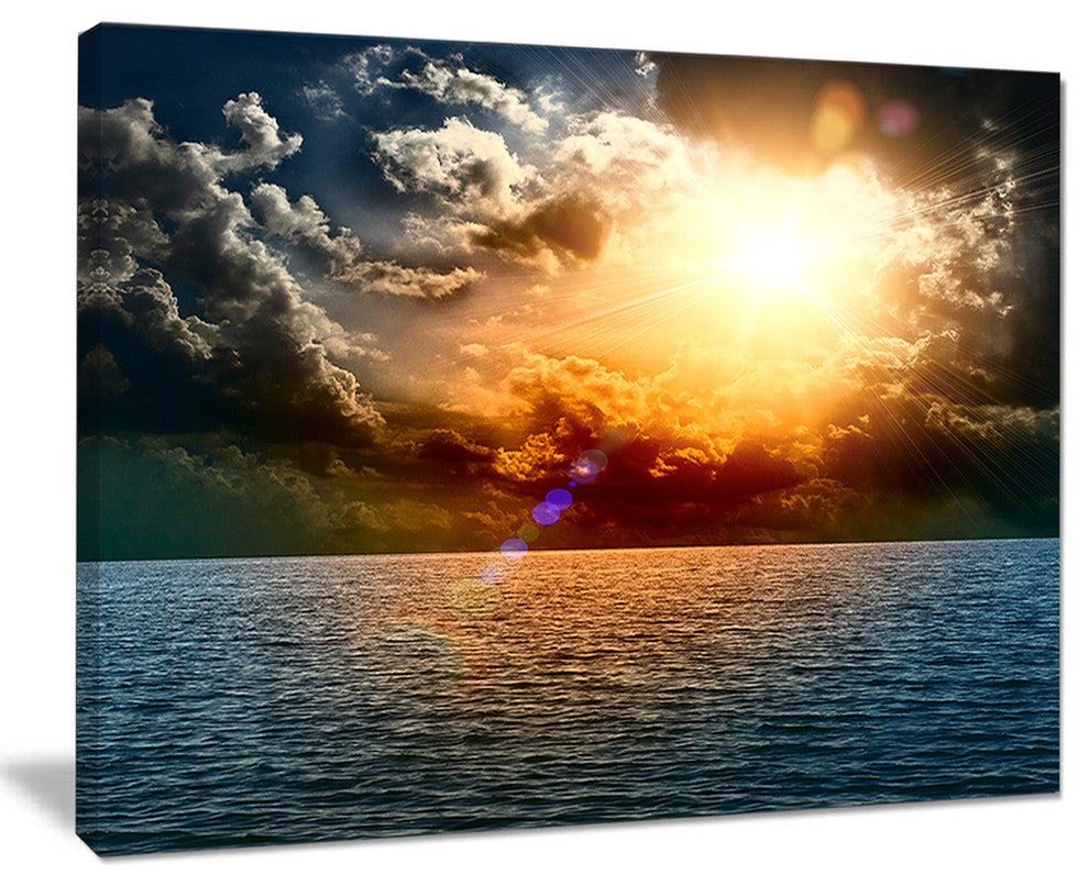 "Yellow Sunset in The Middle of Ocean" Beach Canvas Wall Art, 20"x12"