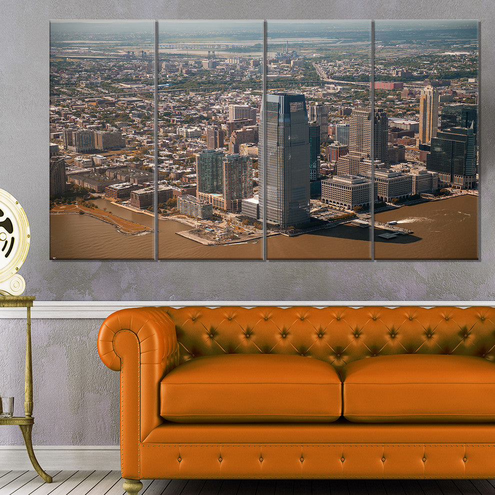 Aerial View of City from Helicopter, Cityscape Canvas Print, 48"x28", 4 Panels