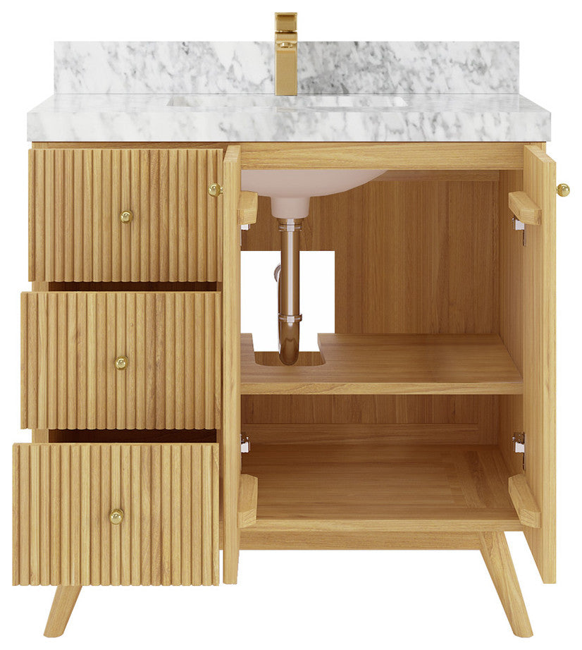 Pasadena 36 Center Sink Bath Vanity in Light Natural Teak 2" Carrara Marble