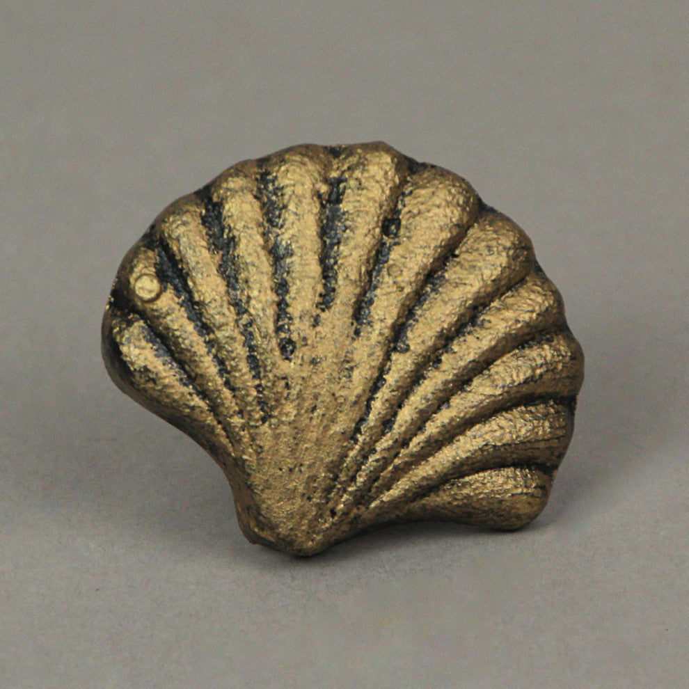 Set of 6 Gold Cast Iron Scallop Sea Shell Drawer Pulls Nautical Cabinet Knobs