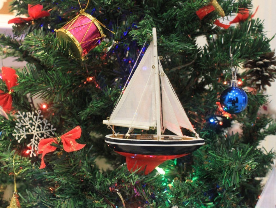 Sailboat Christmas Tree Ornament, Blue White and Red, 9"
