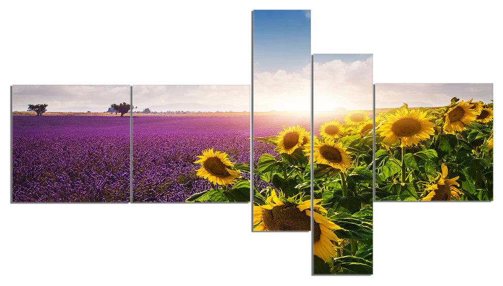 Lavender and Sunflower Fields, Floral Canvas Art Print, 60"x32", 5 panels