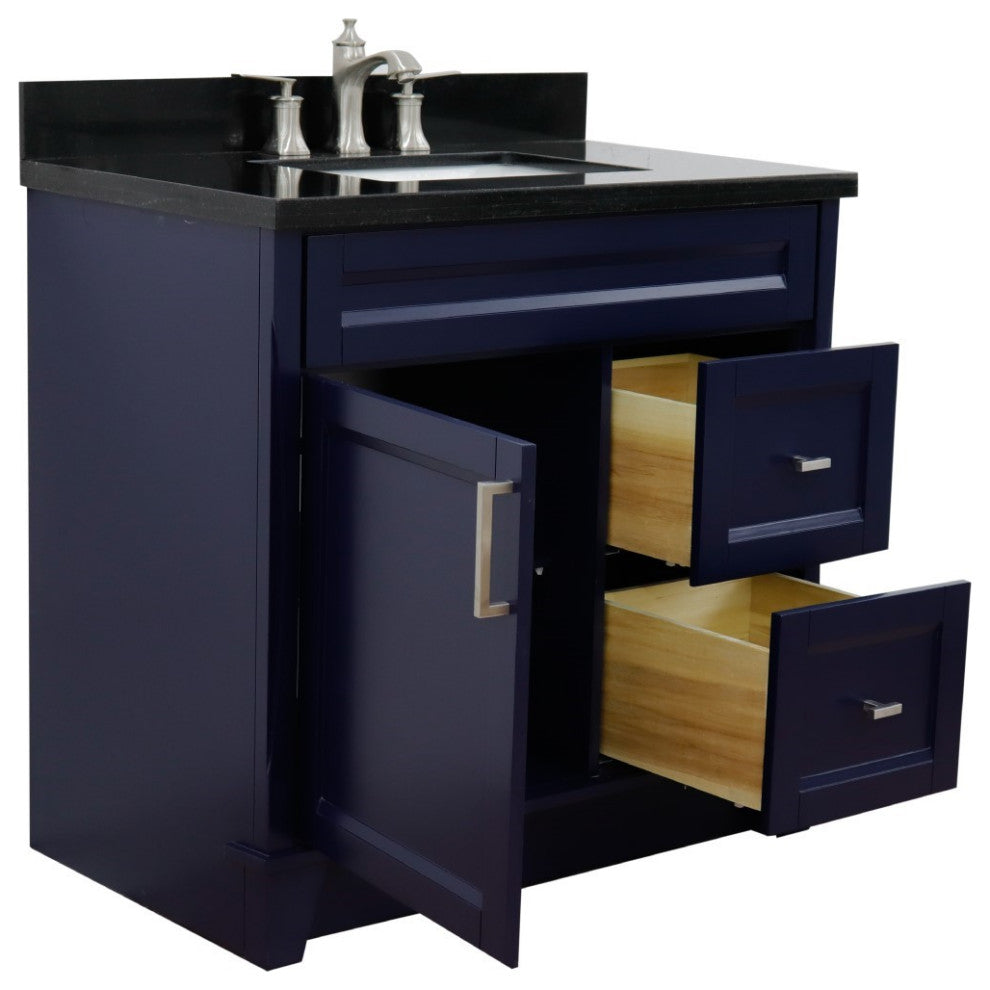 37" Single Sink Vanity, Blue Finish With Black Galaxy Granite