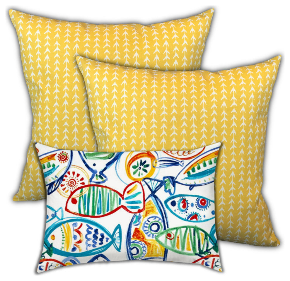 3-Piece Set Yellow Fish Art Indoor Outdoor Zippered Pillow Covers