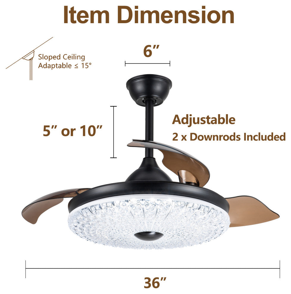 36" LED Retractable Ceiling Fan With Light Kit and Remote Control Included, Black