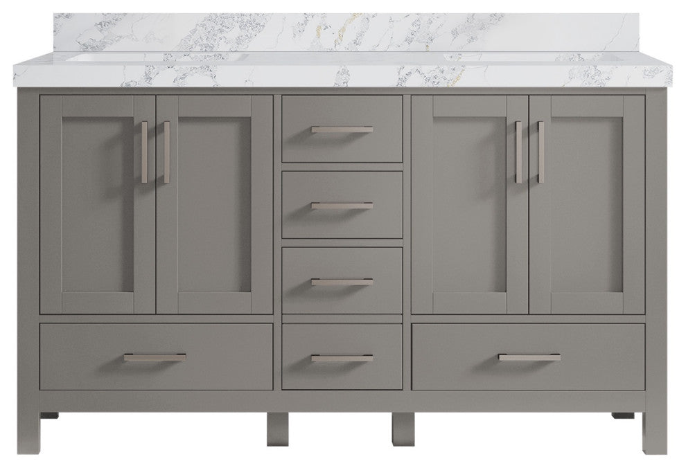 Malibu 60 Double Sink Vanity in Elephant Skin Gray 2" Calacatta Poanazzo