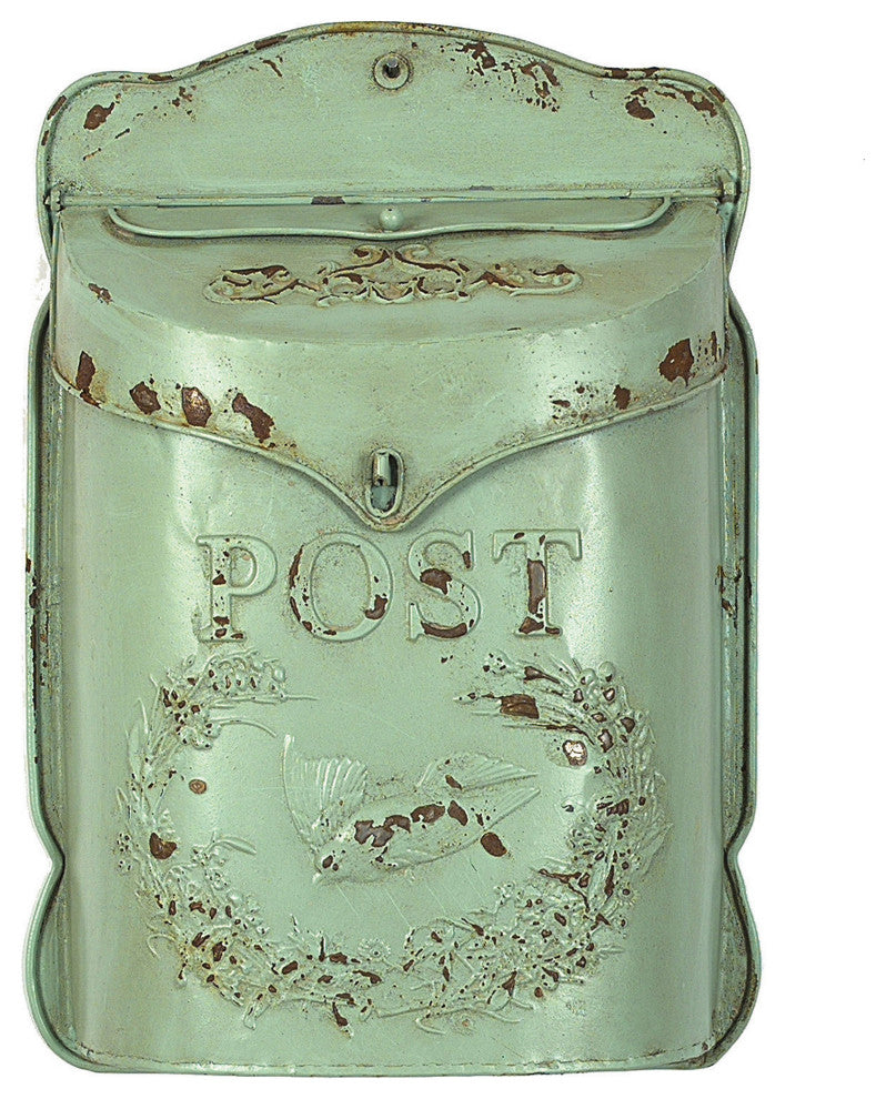 Embossed Tin Post Box, Distressed Finish, Aqua