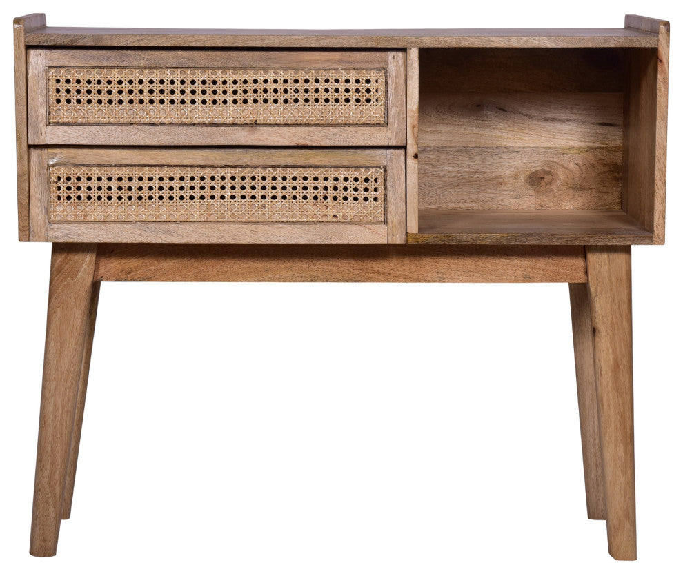 Benzara UPT-272542 2 Drawer Mango Wood Rectangular Console Table, Natural Brown