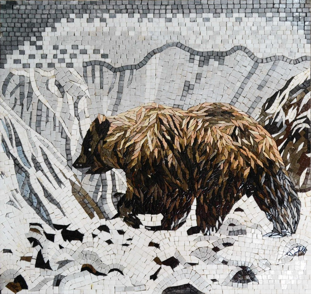 Mosaic Animal Art, Grizzly Bear In The Snow, 45"x45"