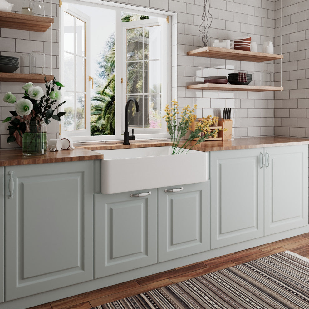 33'' Farm Kitchen Sink Ceramic Rectangular Single Bowl With Grid and Strainer