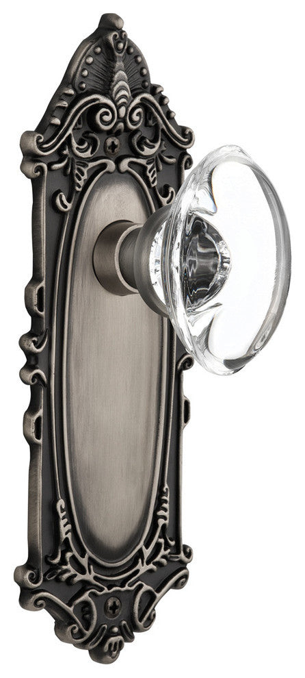Victorian Plate Passage Oval Clear Crystal Glass Door Knob, Antique Pewter