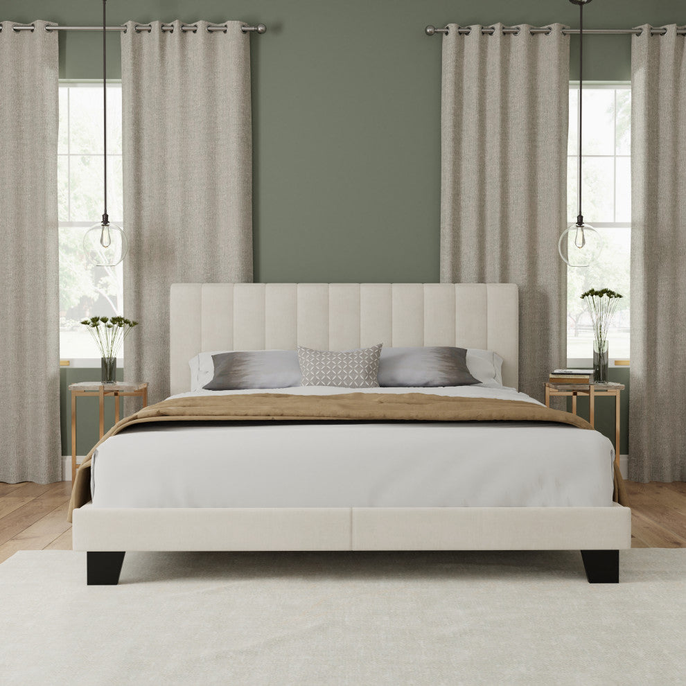 Hillsdale Crestone Adjustable Height Channel Upholstered Full Platform Bed, Cream, King Bed