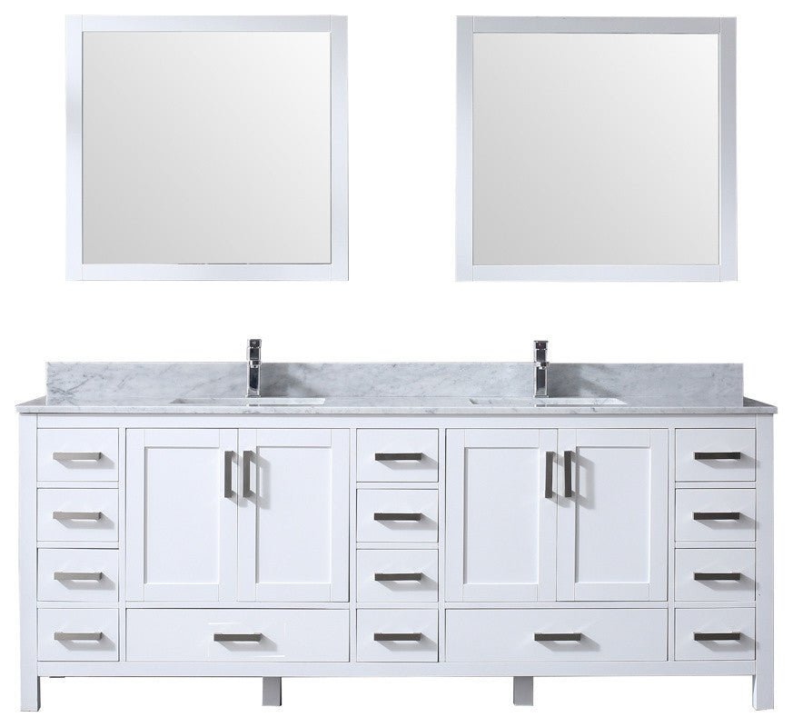 Jacques 84" Double Vanity Cabinet Carrara Marble Top Sinks, 34" Wall Mirrors