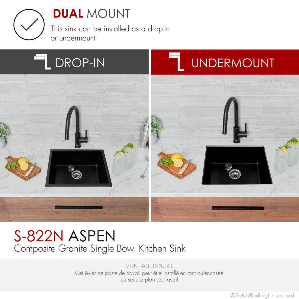 Dual Mount 22" Single-Bowl Black Granite Kitchen Sink with Strainer