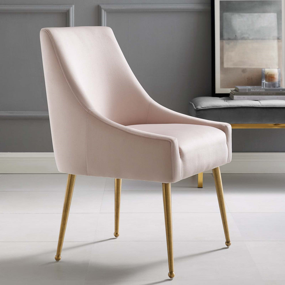 Velvet Accent Chair, Brushed Gold Dining Chair, Glam Modern Side Chair, Pink