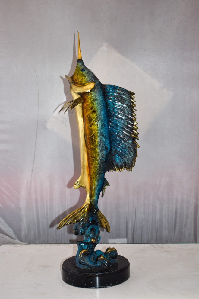 Upright Fierce Marlin Jumping Off the Water Bronze Statue  Size: 12" x 8" x 30