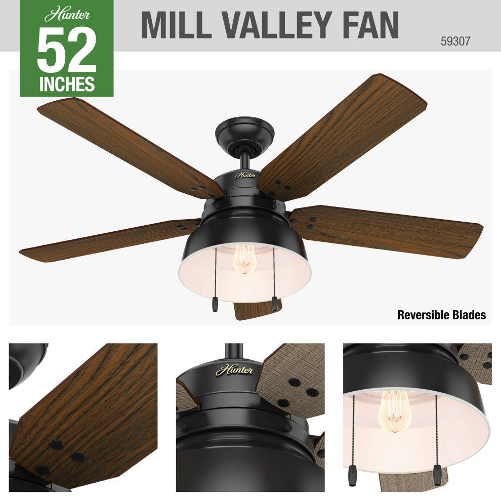 Hunter Fan Company  52" Mill Valley Ceiling Fan With Light, Matte Black