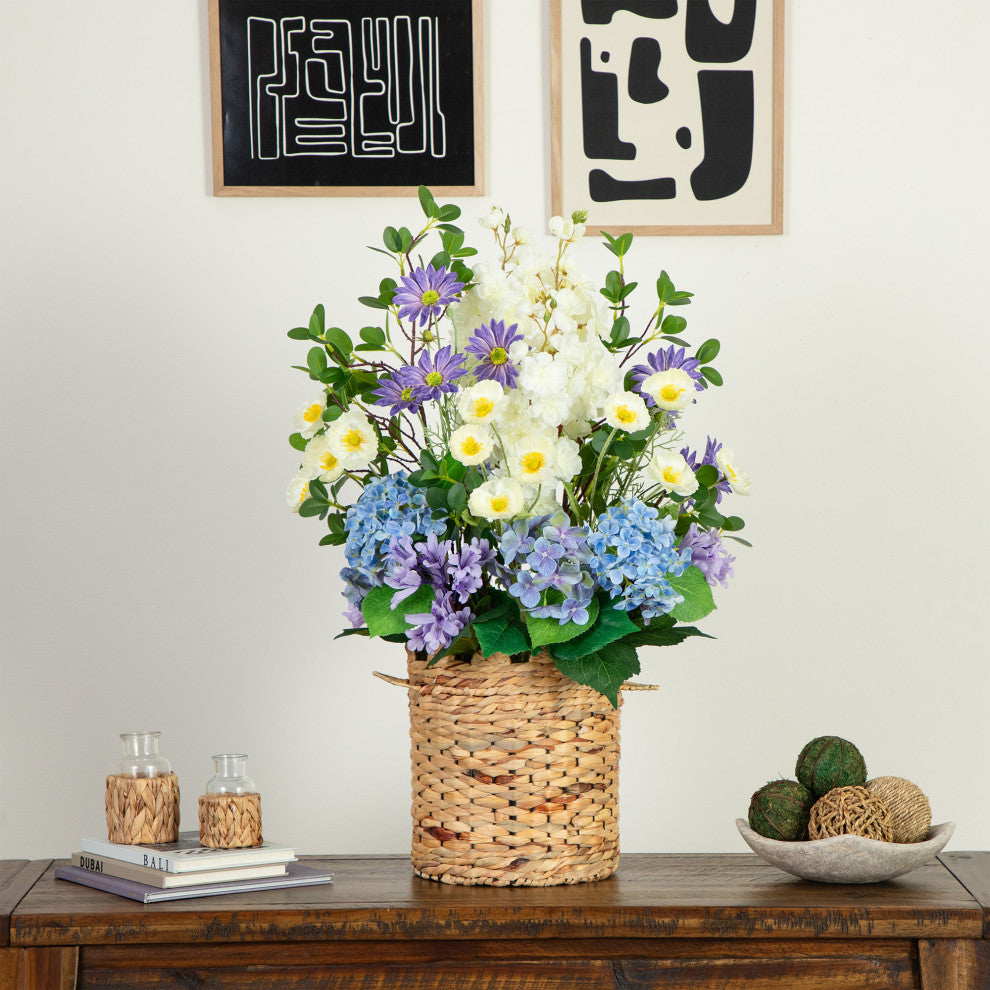 31in. Artificial Mixed Flower and Hydrangea Arrangement, Hyacinth Weave Basket