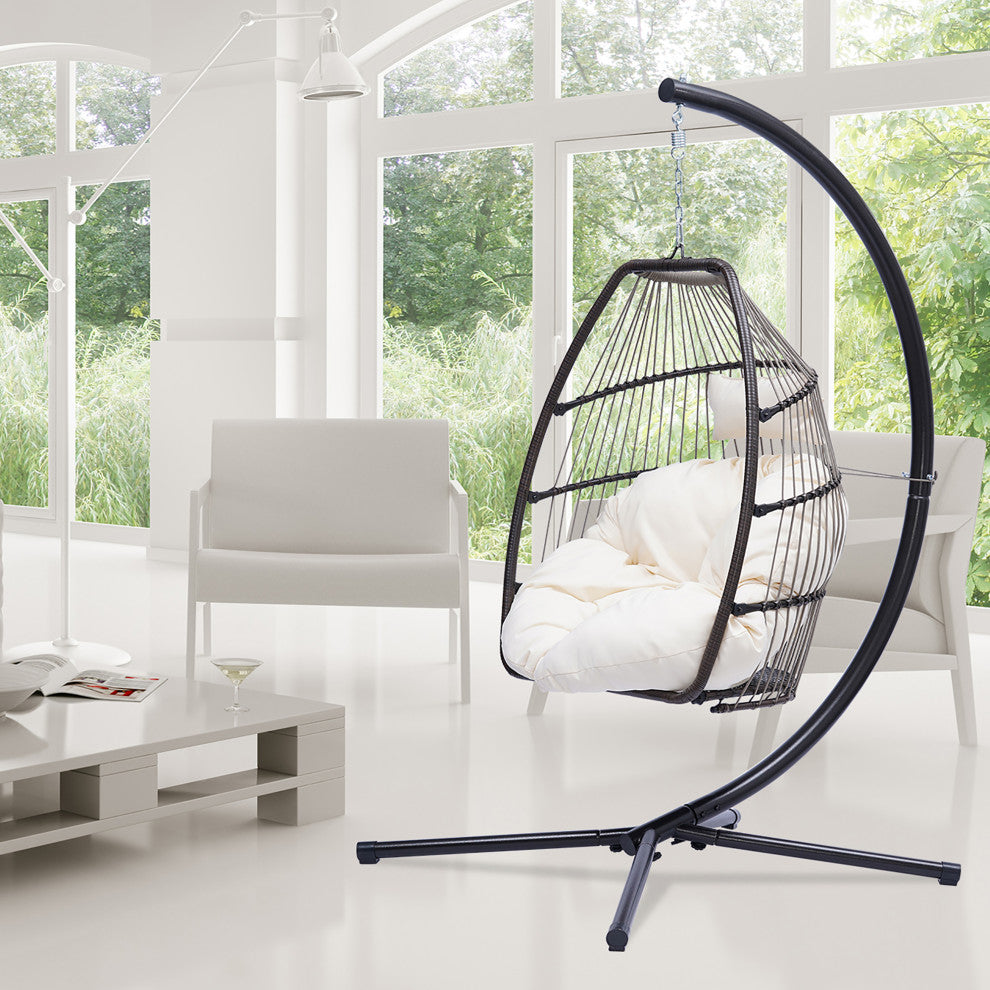 Outdoor Patio Wicker Folding Swing Chair Hanging With Bracket and Cushion Pillow