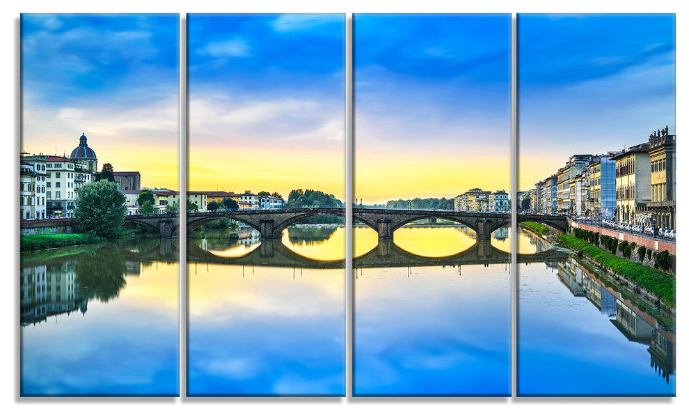 Carraia Medieval Bridge on Arno River, Beach Photo Canvas Art, 48"x28", 4 Panels