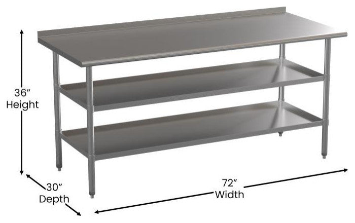 Stainless Steel 18 Gauge Work Table With 1.5" Backsplash and 2 Undershelves, NSF