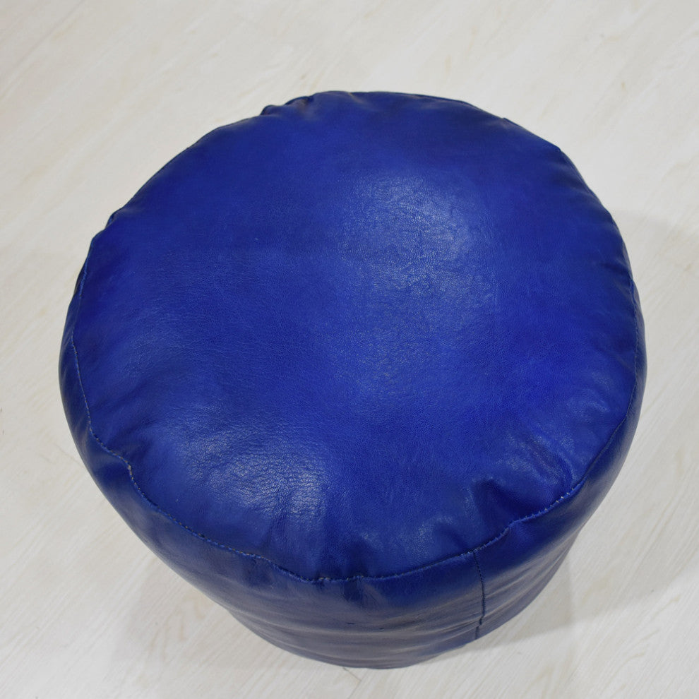 Poufs-Solid Goat Leather Pouf, Handmade (Recycled Cotton Fill), [Round)14x14x14