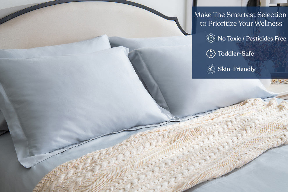 Delara GOTS Certified 100% Organic Cotton Flat Sheet 400TC, Light Blue, Queen, 96"x105"