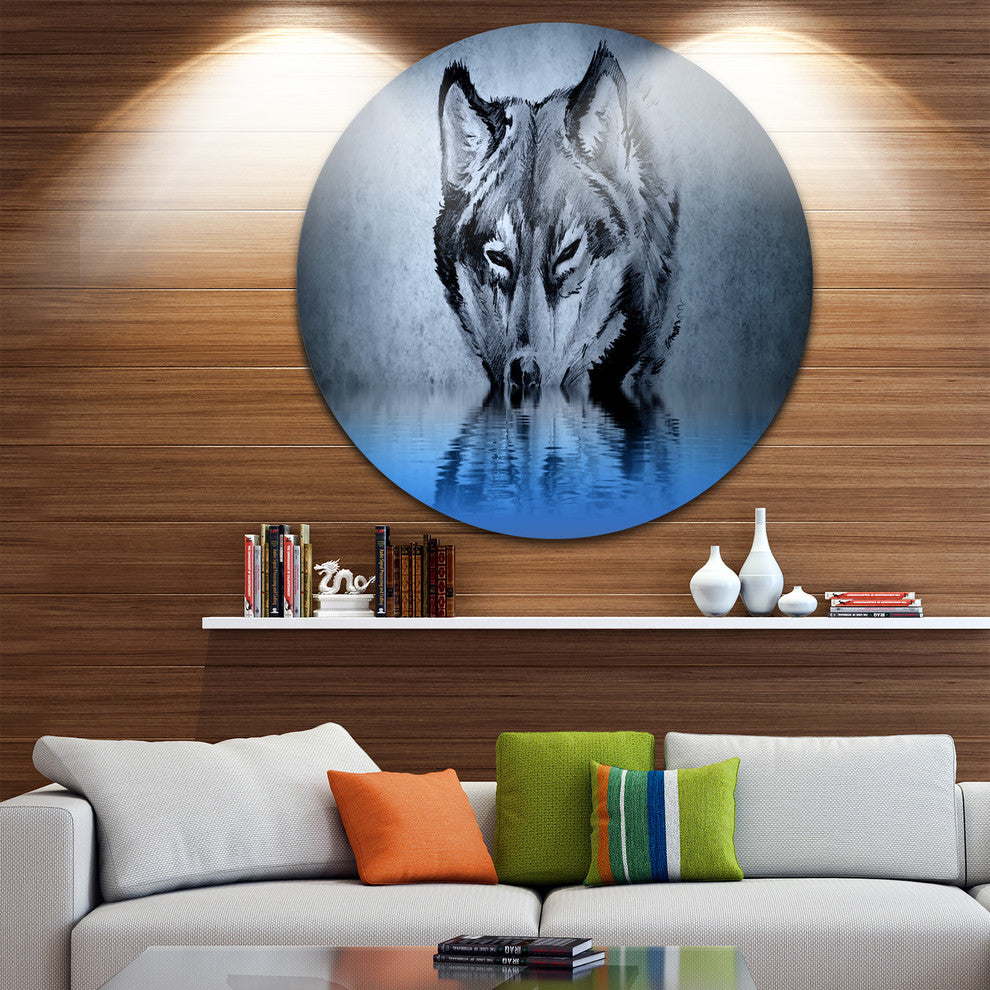 Wolf Head With Water Reflections Tattoo, Disc Metal Wall Art, 23"
