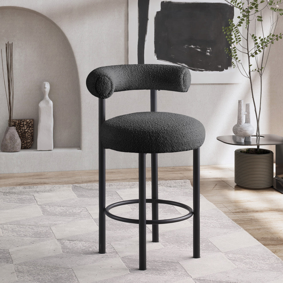 Bordeaux Upholstered Stool, Black, Boucle Fabric, Matte Black, Set of 2