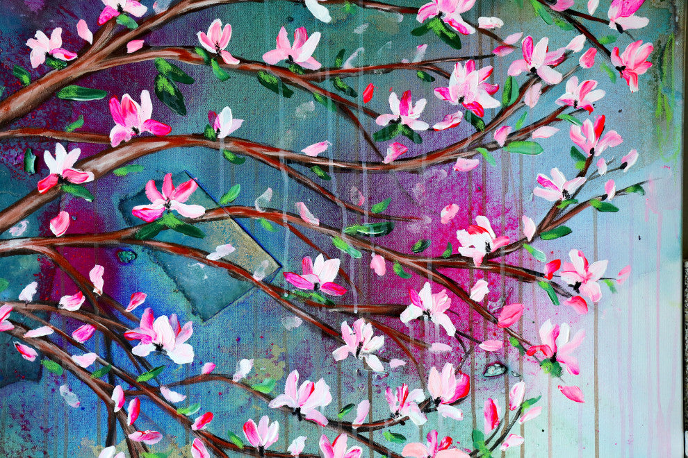Cherry blossom, Abstract tree art, japanese magnolia painting, blossom tree art